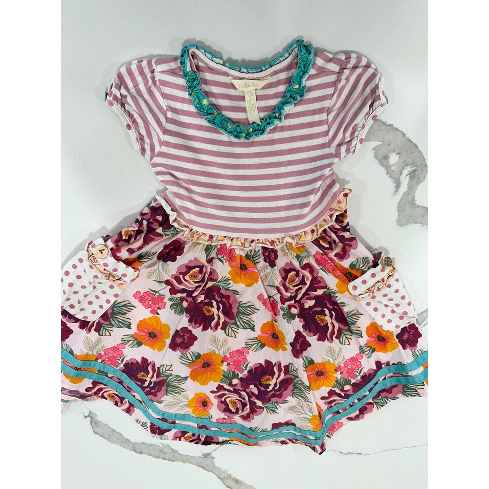 Matilda Jane Girls Floral Striped Ruffle Dress Pink Purple Size 4
